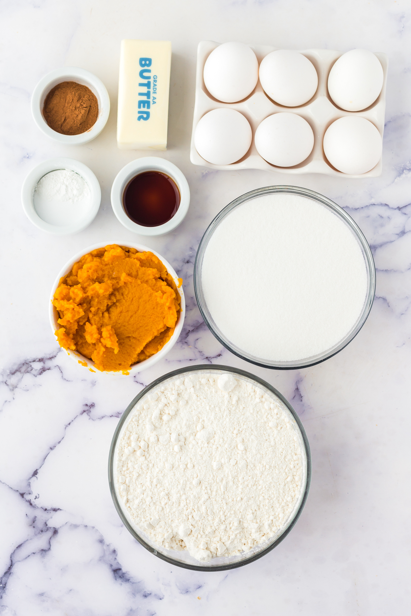 Pumpkin puree, flour, sugar, butter, eggs, vanilla, baking soda, pumpkin pie spice