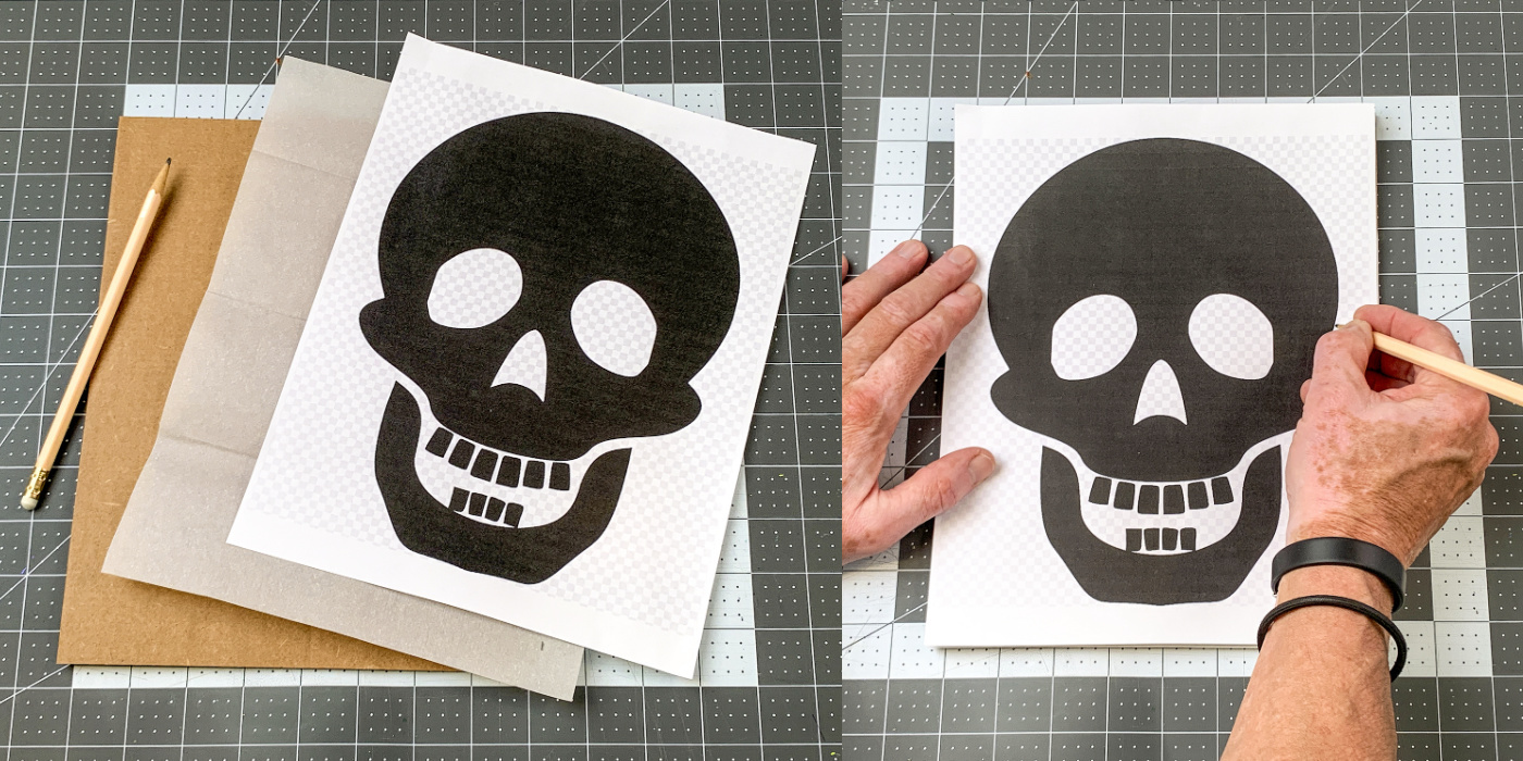 Tracing the skull pattern onto the cardboard