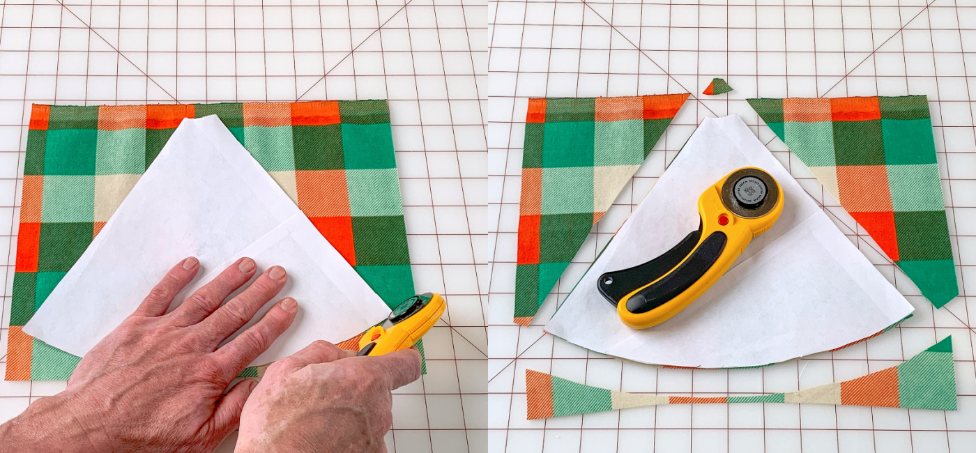 Trimming out green plaid fabric using a cutting wheel