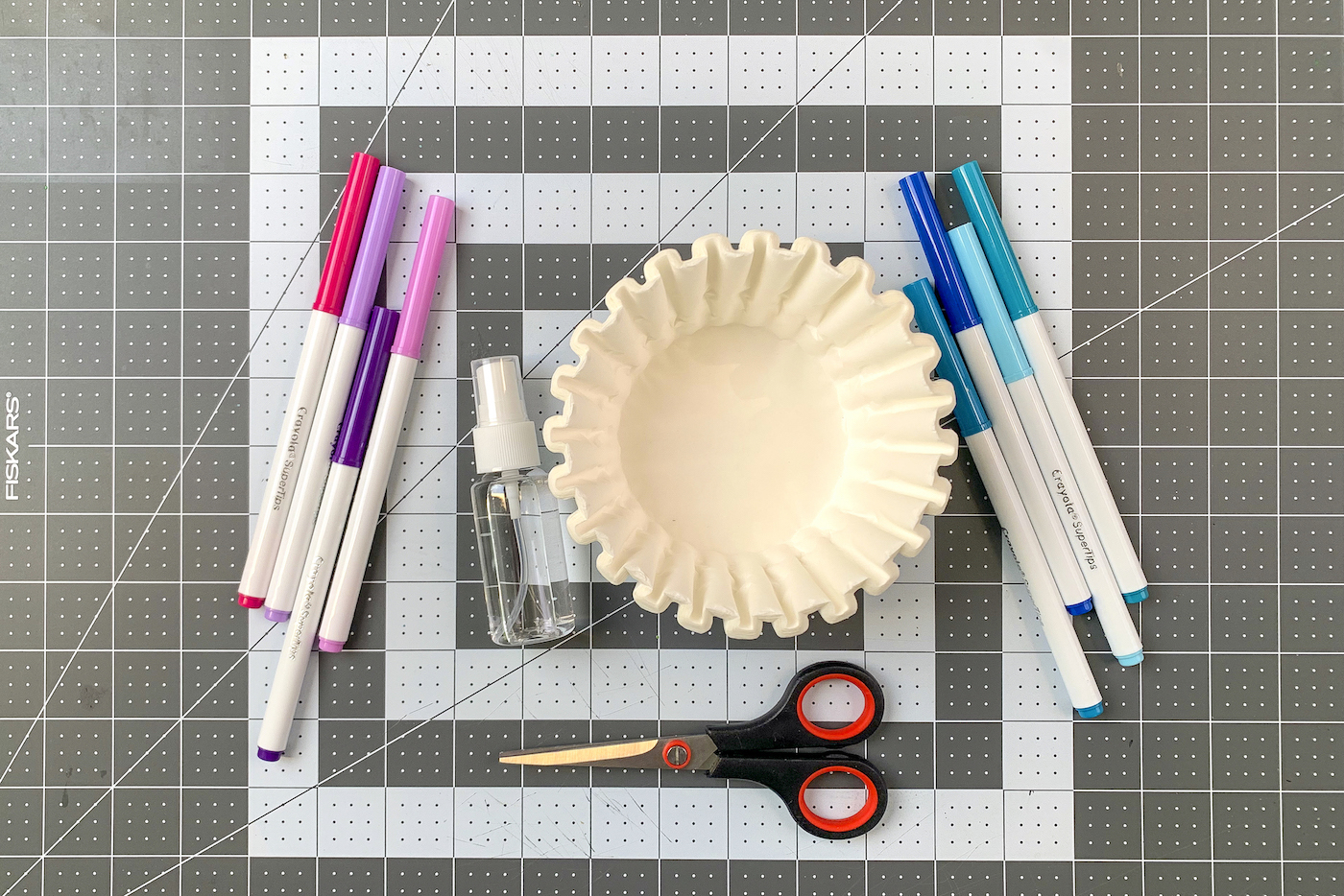 Coffee filters, markers, scissors, and spray bottle