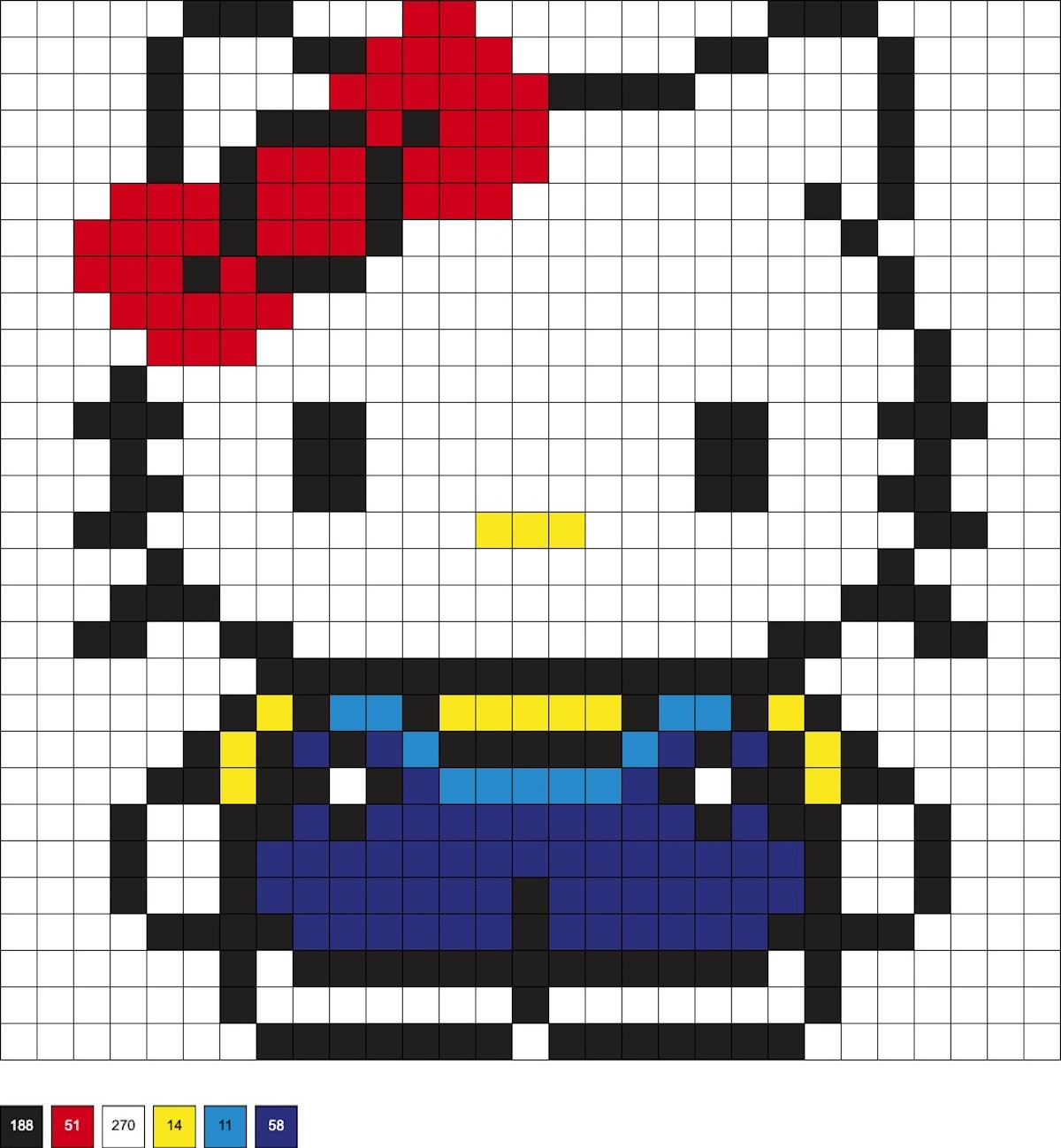Hello Kitty in blue overalls with a red bow melty bead pattern