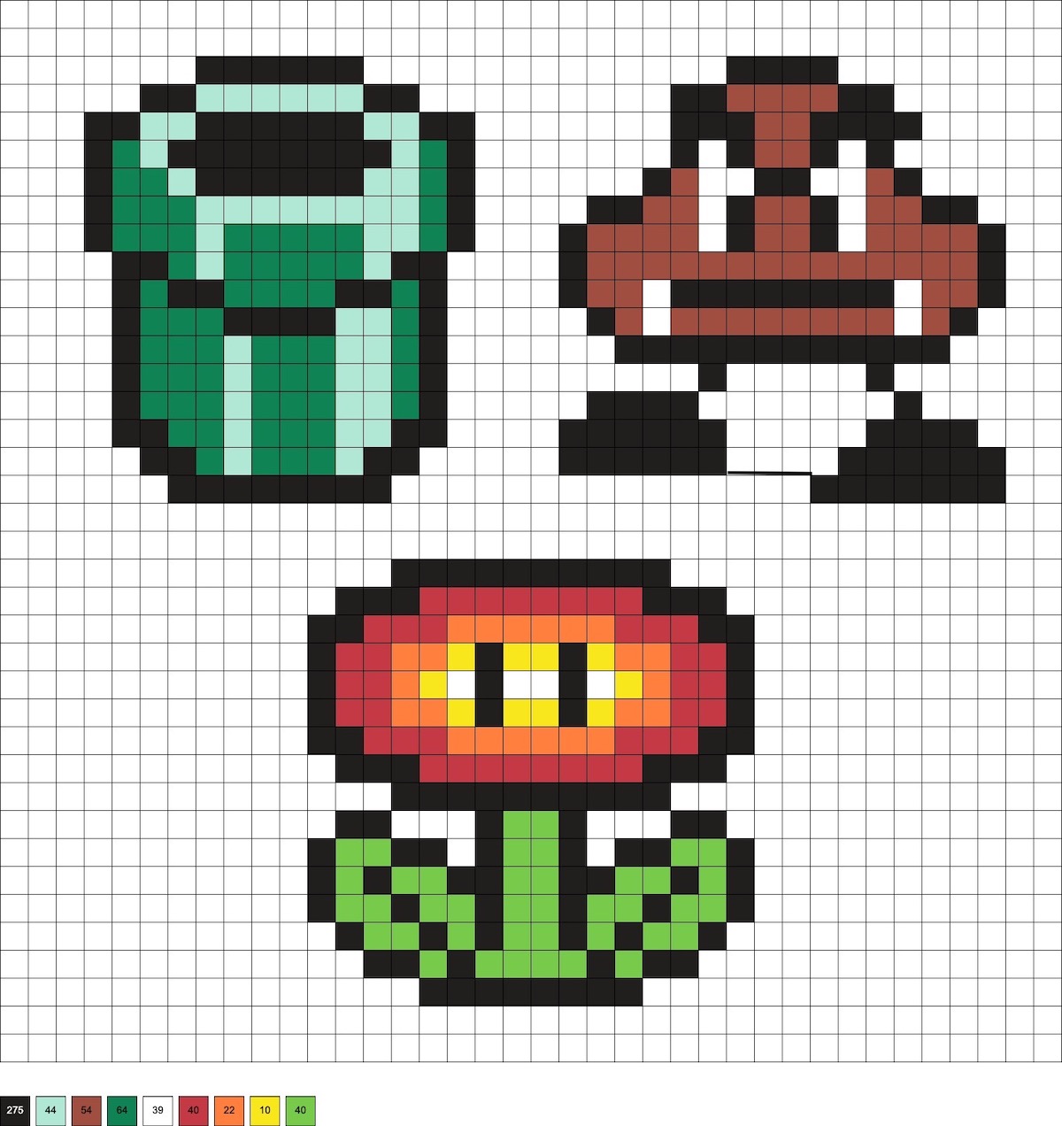 pipe, Goomba, and fire flower perler bead patterns