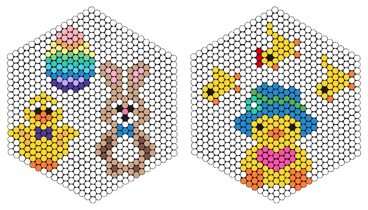 Easter egg, bunny, chicks, and chickens on hexagon boards