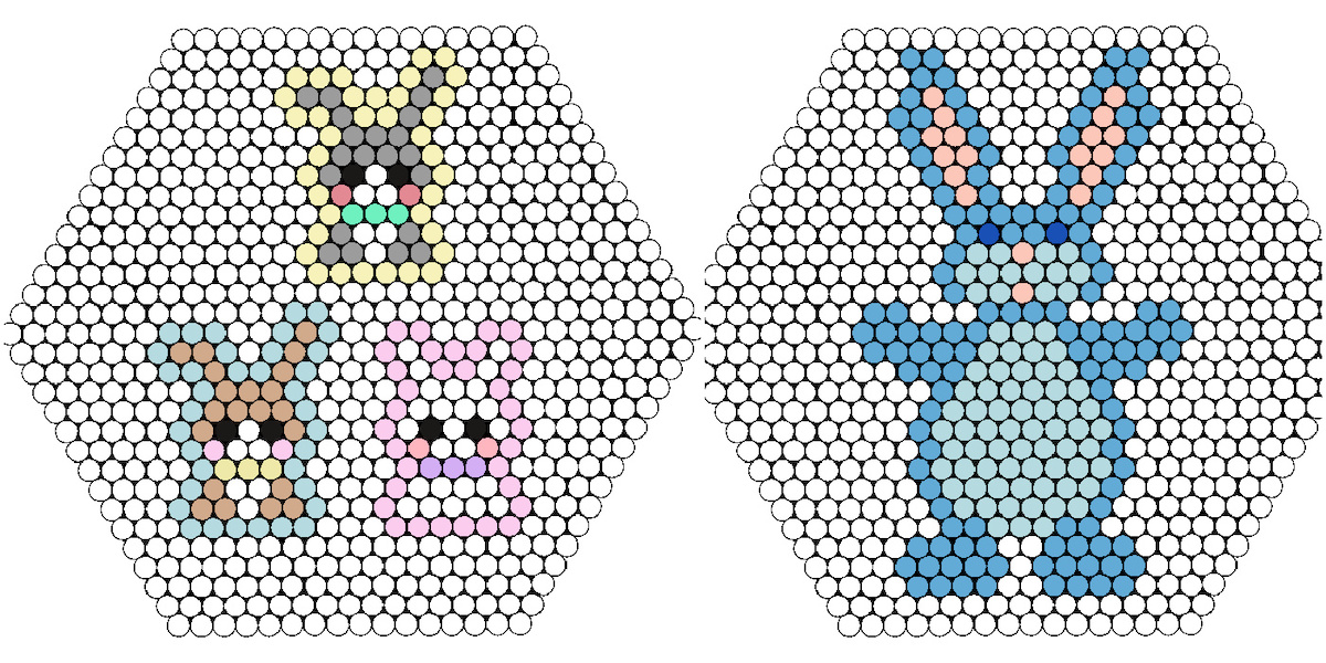 Small Easter bunnies and blue bunny on hexagon pegboards