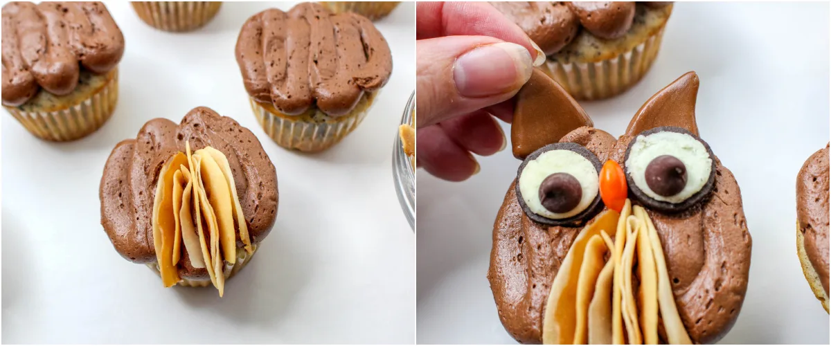 Add the decorations to the top of the owl cupcakes