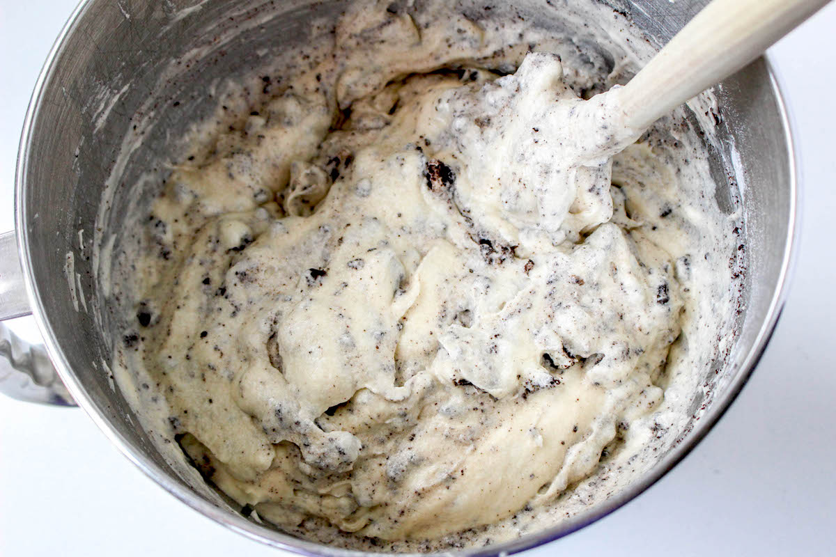 Cookie crumbs and dry ingredients added to cupcake batter