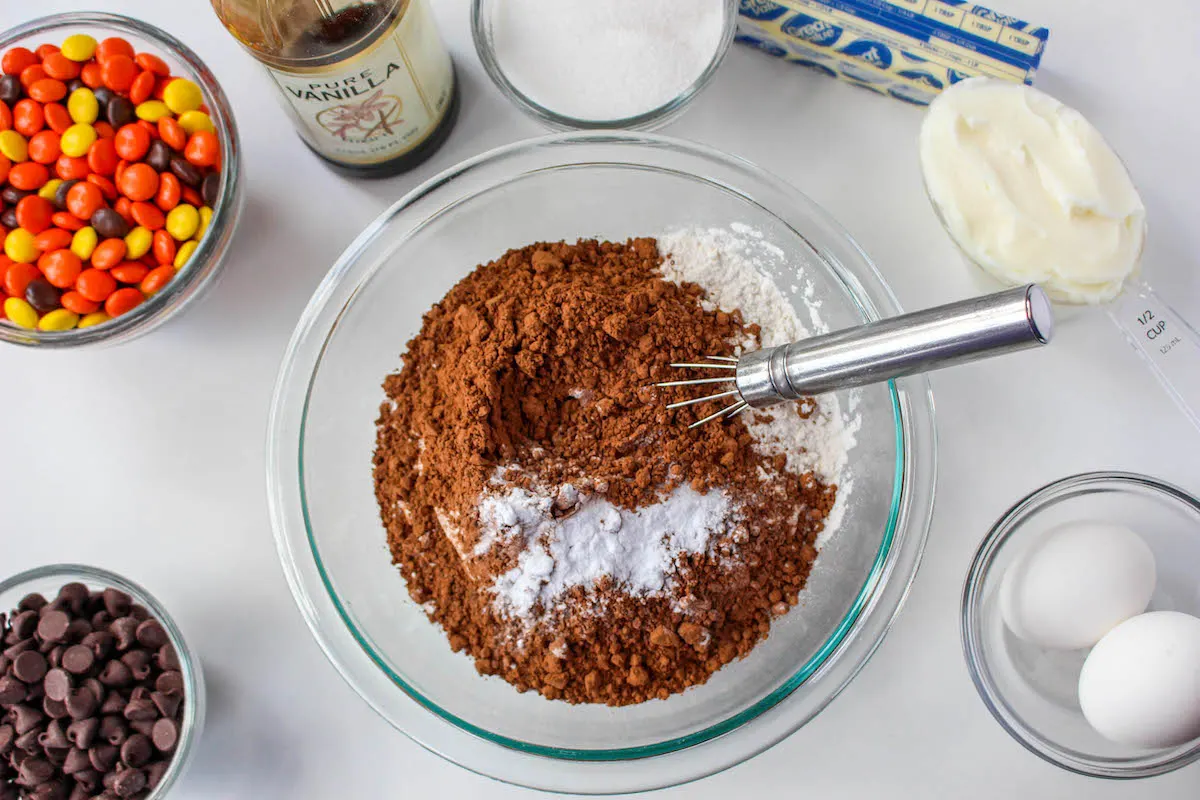 Whisk together the cocoa, flour, baking soda, and salt