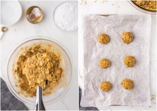 Oatmeal batter scooped onto a cookie sheet