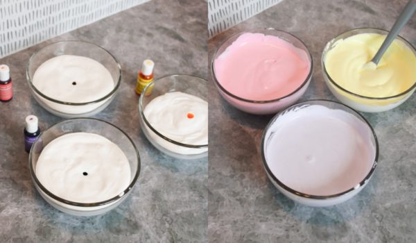 Glue separated into bowls and mixed with food coloring