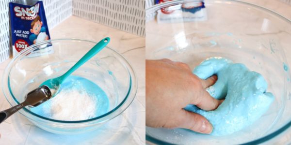 Kneading fake snow into the slime