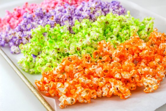 colorful popcorn on the cookie sheet ready to be divided