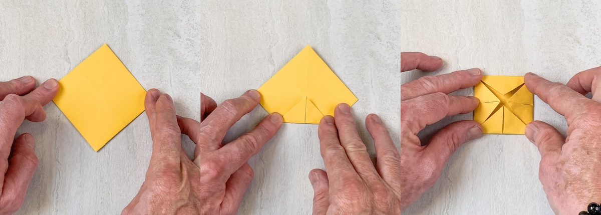 flip the square over and fold all corners in toward the center